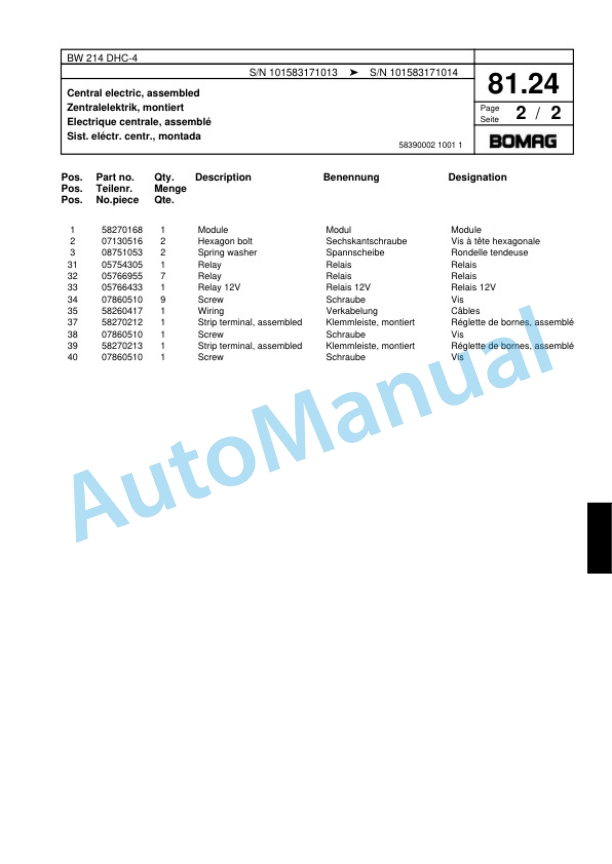 Bomag BW 214 DHC-4 Single Drum Wheel Drive Vibratory Roller Spare Parts Catalogue 00818337-2