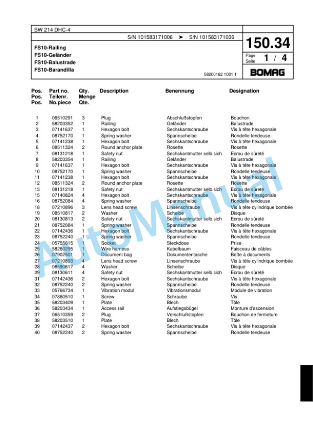 Bomag BW 214 DHC-4 Single Drum Wheel Drive Vibratory Roller Spare Parts Catalogue 00818337-3