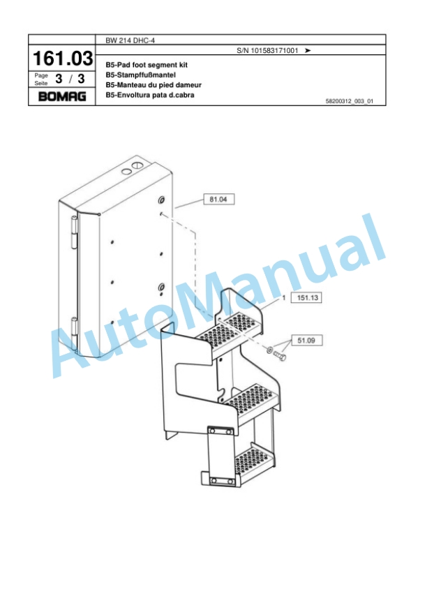 Bomag BW 214 DHC-4 Single Drum Wheel Drive Vibratory Roller Spare Parts Catalogue 00818337-5