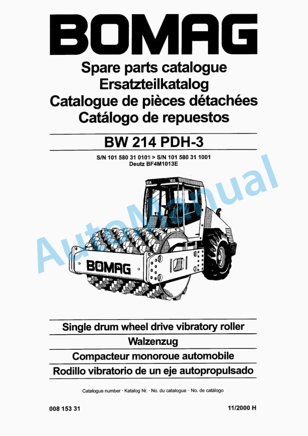 Bomag BW 214 PDH-3 Single Drum Wheel Drive Vibratory Roller Spare Parts Catalogue 00815331