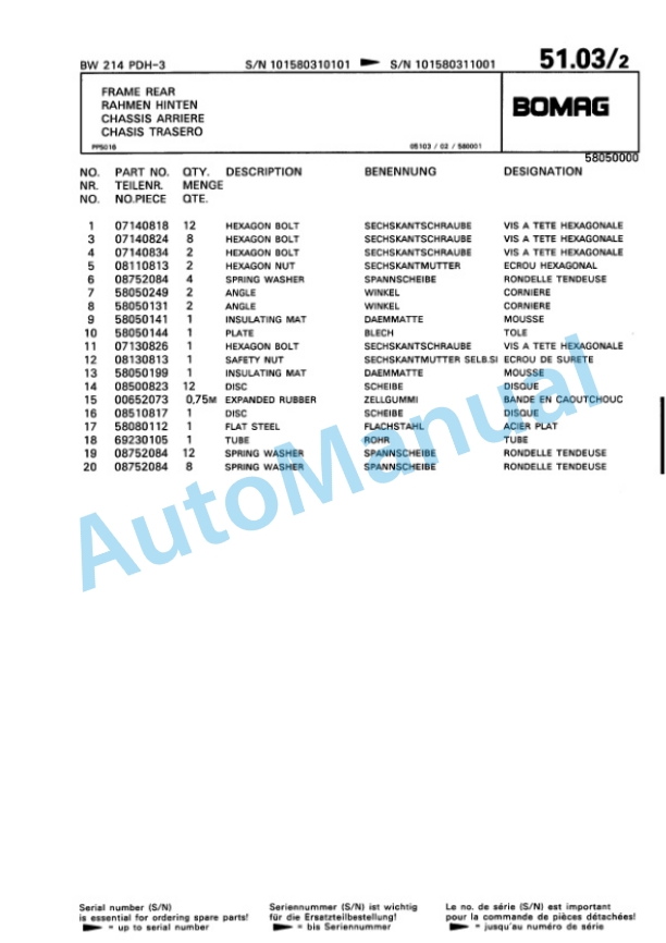 Bomag BW 214 PDH-3 Single Drum Wheel Drive Vibratory Roller Spare Parts Catalogue 00815331-2