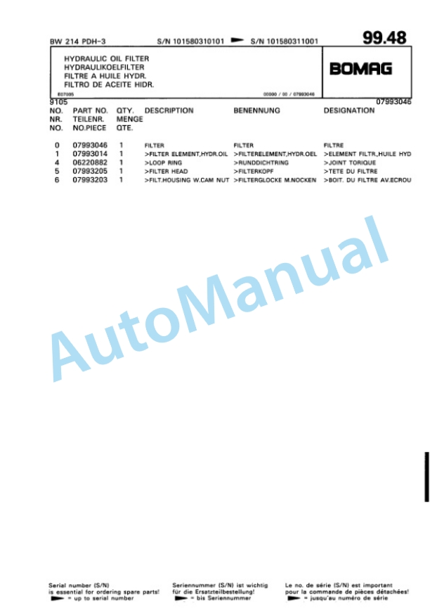 Bomag BW 214 PDH-3 Single Drum Wheel Drive Vibratory Roller Spare Parts Catalogue 00815331-3