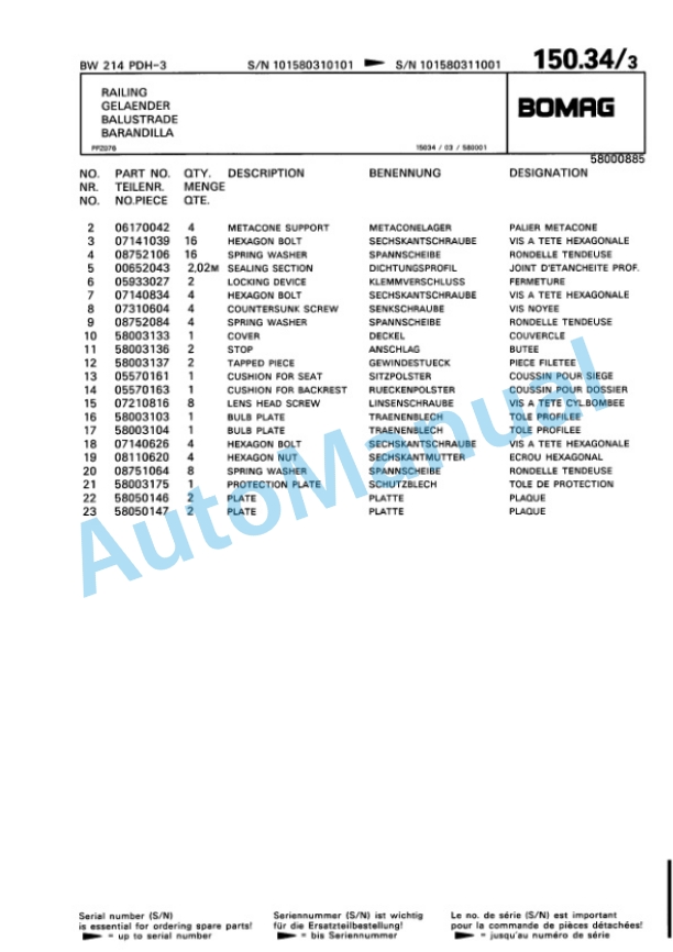 Bomag BW 214 PDH-3 Single Drum Wheel Drive Vibratory Roller Spare Parts Catalogue 00815331-4