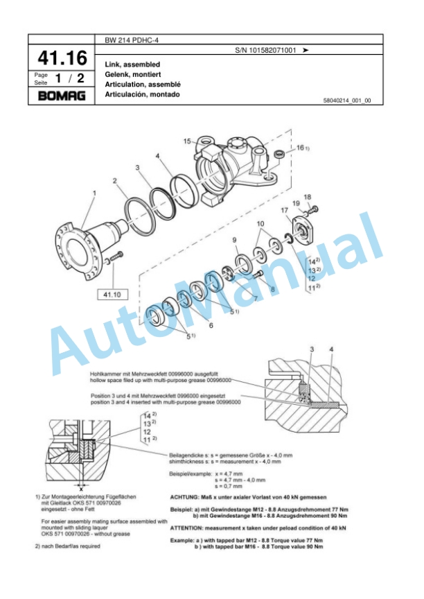 Bomag BW 214 PDHC-4 Single Drum Wheel Drive Vibratory Roller Spare Parts Catalogue 00818119-2