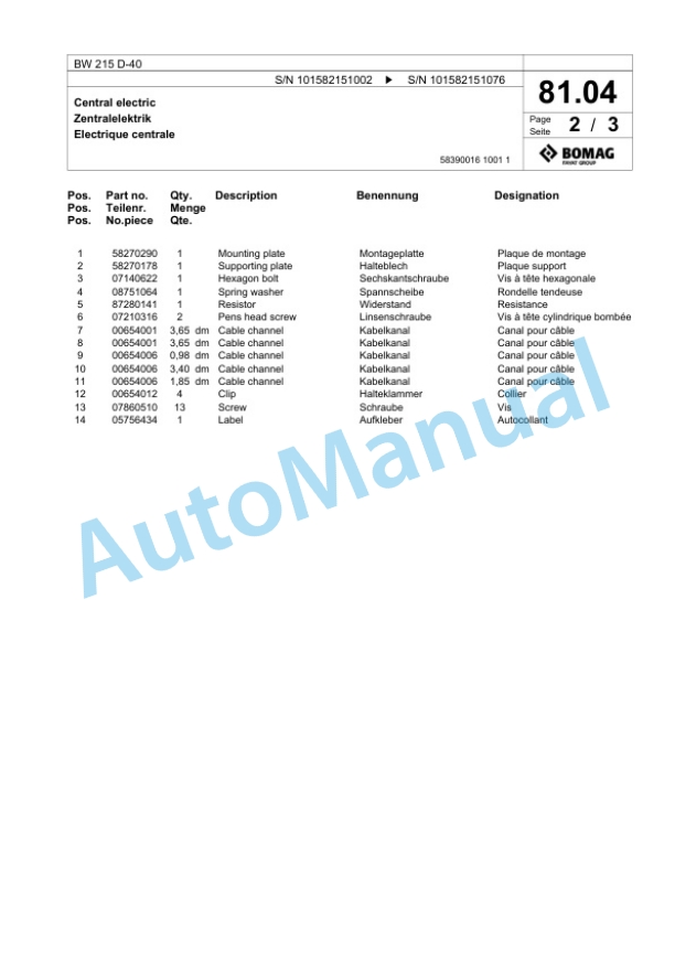 Bomag BW 215 D-40 Single Drum Wheel Drive Vibratory Roller Spare Parts Catalogue 00824167-2