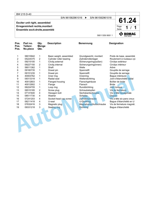 Bomag BW 215 D-40 Single Drum Wheel Drive Vibratory Roller Spare Parts Catalogue 00826009-2