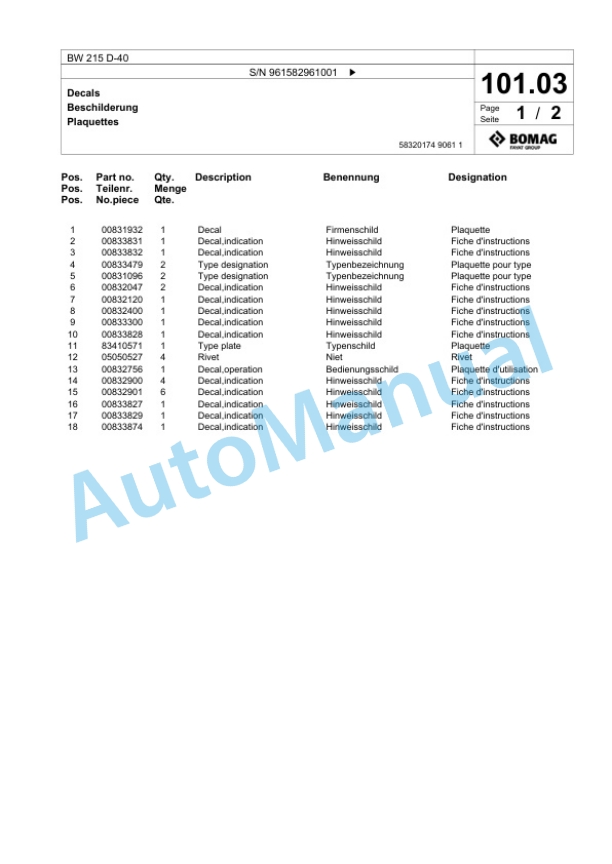 Bomag BW 215 D-40 Single Drum Wheel Drive Vibratory Roller Spare Parts Catalogue 00826009-3