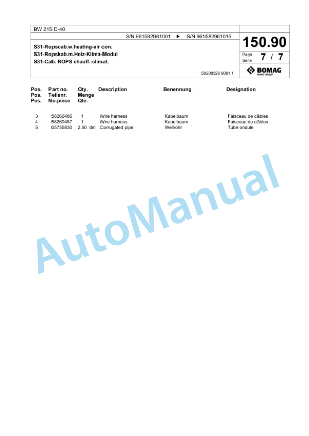 Bomag BW 215 D-40 Single Drum Wheel Drive Vibratory Roller Spare Parts Catalogue 00826009-4