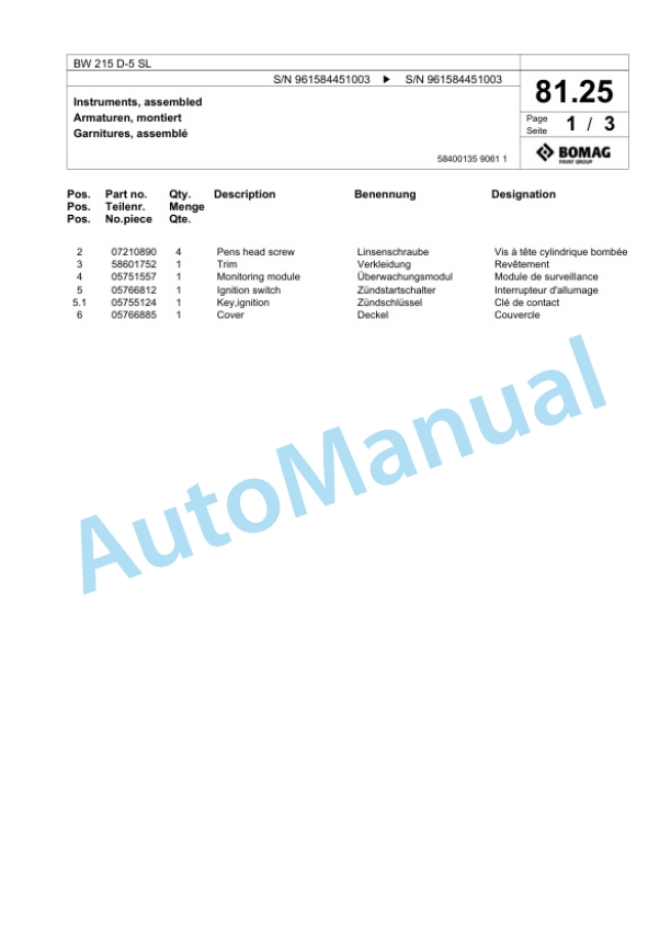 Bomag BW 215 D-5 SL Single Drum Wheel Drive Vibratory Roller Spare Parts Catalogue 00826713-2