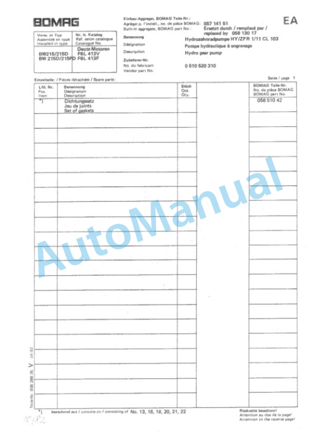 Bomag BW 215 D, BW 215 PD Single Drum Vibratory Roller Spare Parts Catalogue 00814300-3