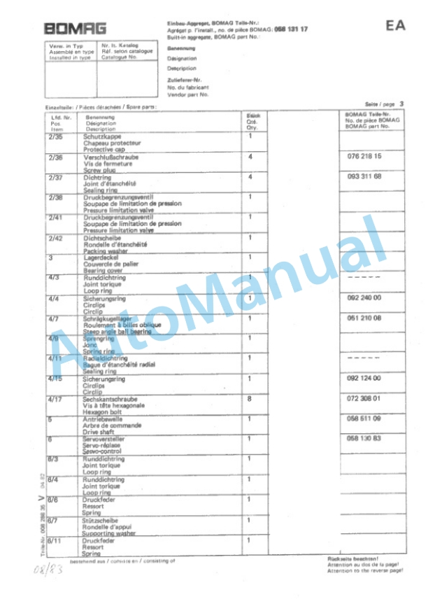 Bomag BW 215 D, BW 215 PD Single Drum Vibratory Roller Spare Parts Catalogue 00814300-4
