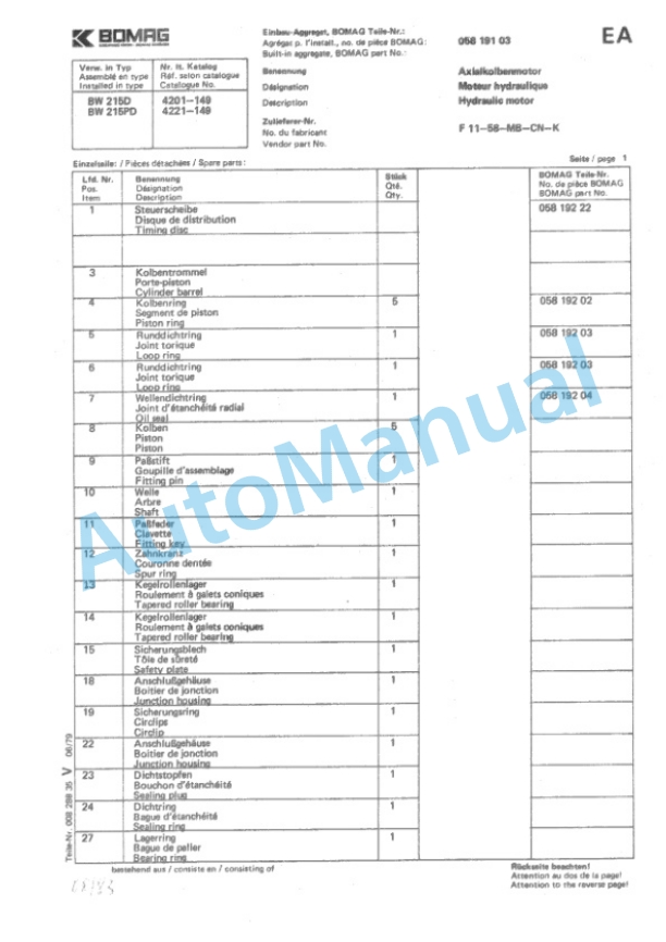Bomag BW 215 D, BW 215 PD Single Drum Vibratory Roller Spare Parts Catalogue 00814300-5
