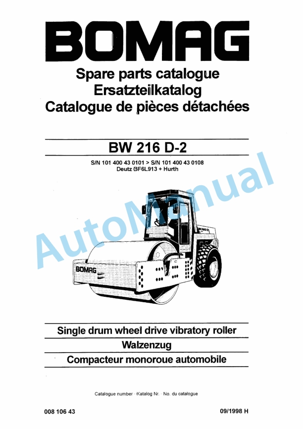 Bomag BW 216 D-2 Single Drum Wheel Drive Vibratory Roller Spare Parts Catalogue 00810643
