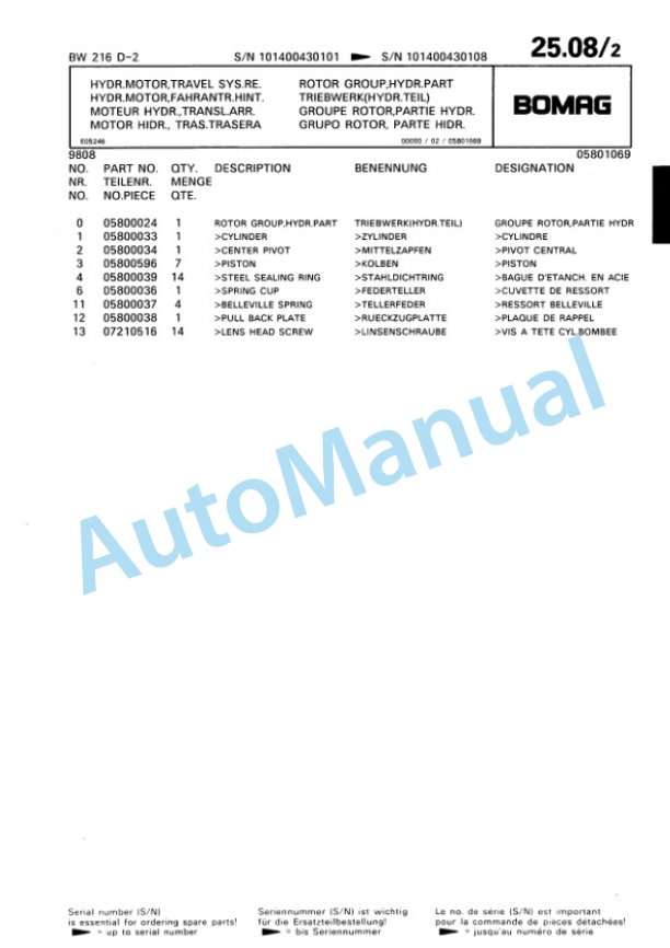 Bomag BW 216 D-2 Single Drum Wheel Drive Vibratory Roller Spare Parts Catalogue 00810643-2