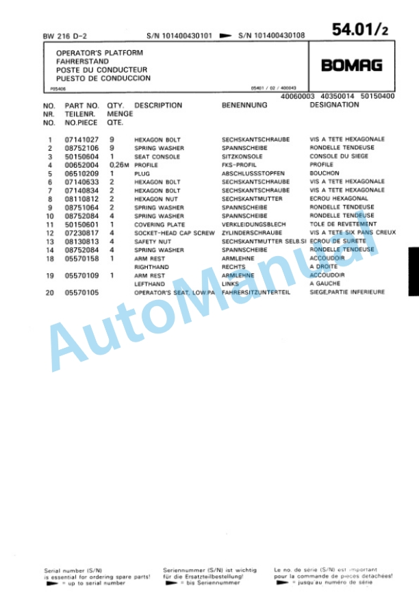 Bomag BW 216 D-2 Single Drum Wheel Drive Vibratory Roller Spare Parts Catalogue 00810643-3