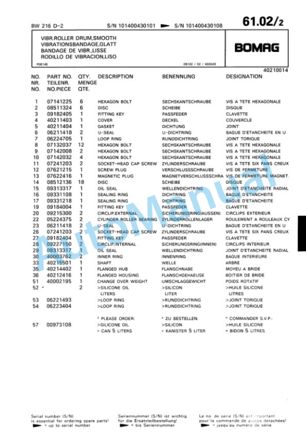 Bomag BW 216 D-2 Single Drum Wheel Drive Vibratory Roller Spare Parts Catalogue 00810643-4