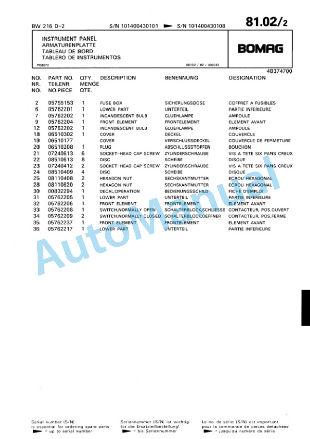 Bomag BW 216 D-2 Single Drum Wheel Drive Vibratory Roller Spare Parts Catalogue 00810643-5