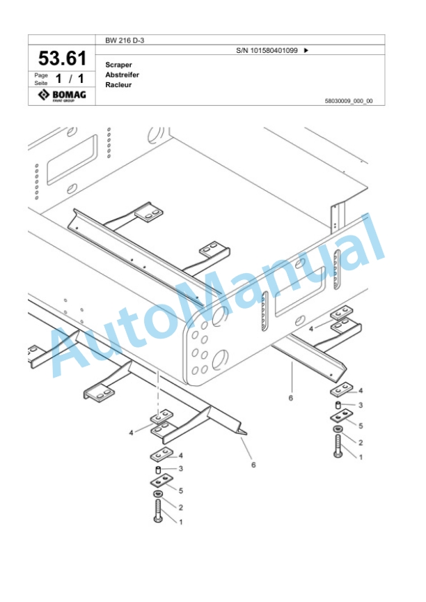 Bomag BW 216 D-3 Single Drum Wheel Drive Vibratory Roller Spare Parts Catalogue 00817214-2
