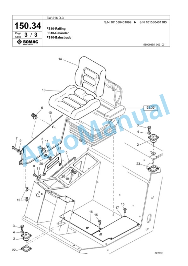 Bomag BW 216 D-3 Single Drum Wheel Drive Vibratory Roller Spare Parts Catalogue 00817214-5