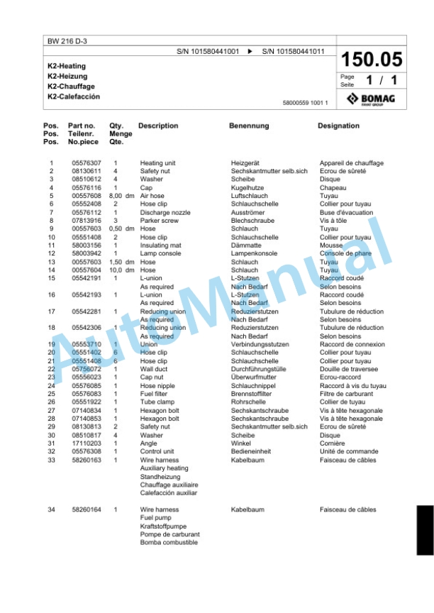 Bomag BW 216 D-3 Single Drum Wheel Drive Vibratory Roller Spare Parts Catalogue 00817535-4