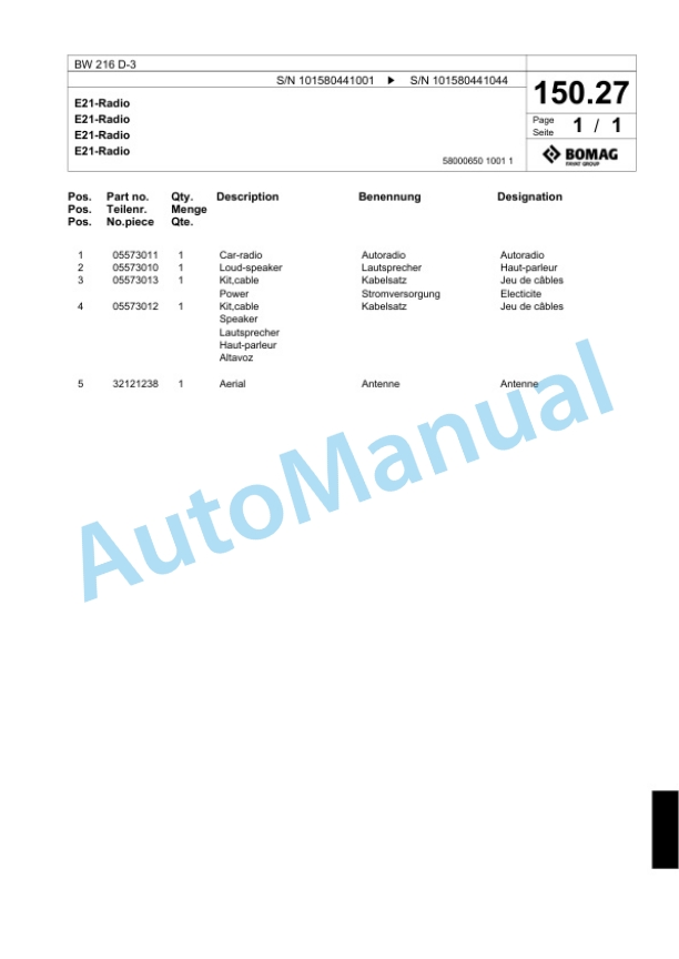 Bomag BW 216 D-3 Single Drum Wheel Drive Vibratory Roller Spare Parts Catalogue 00817535-5