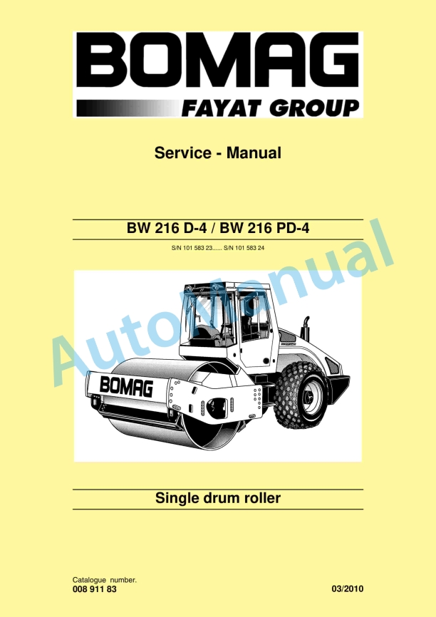 Bomag BW 216 D-4, BW 216 PD-4 Single Drum Roller Service Manual 00891183