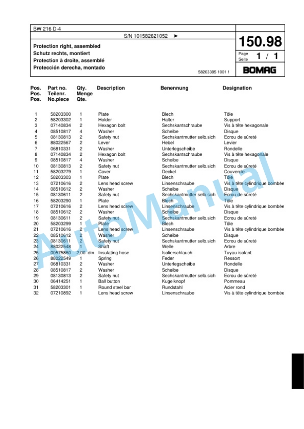 Bomag BW 216 D-4 Single Drum Wheel Drive Vibratory Roller Spare Parts Catalogue 00817797-5
