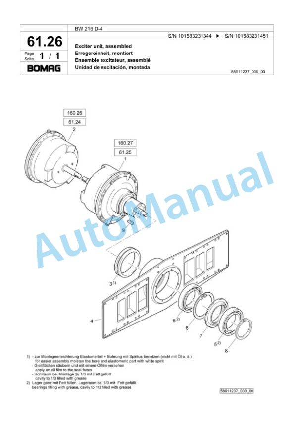 Bomag BW 216 D-4 Single Drum Wheel Drive Vibratory Roller Spare Parts Catalogue 00818351-2