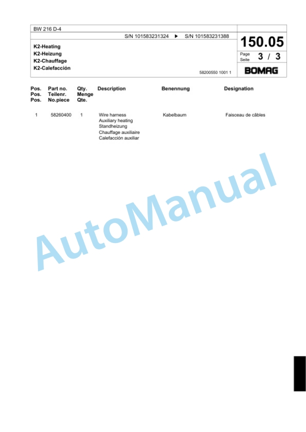 Bomag BW 216 D-4 Single Drum Wheel Drive Vibratory Roller Spare Parts Catalogue 00818351-3