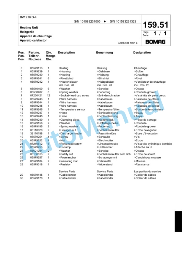 Bomag BW 216 D-4 Single Drum Wheel Drive Vibratory Roller Spare Parts Catalogue 00818351-5