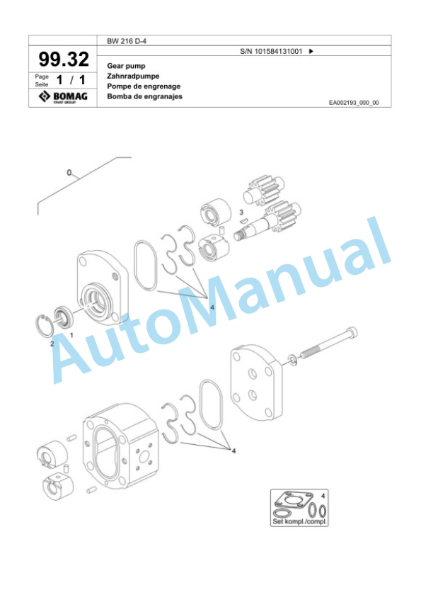 Bomag BW 216 D-4 Single Drum Wheel Drive Vibratory Roller Spare Parts Catalogue 00824043-3