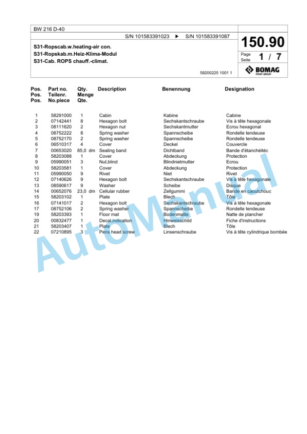 Bomag BW 216 D-40 Single Drum Wheel Drive Vibratory Roller Spare Parts Catalogue 00818611-3