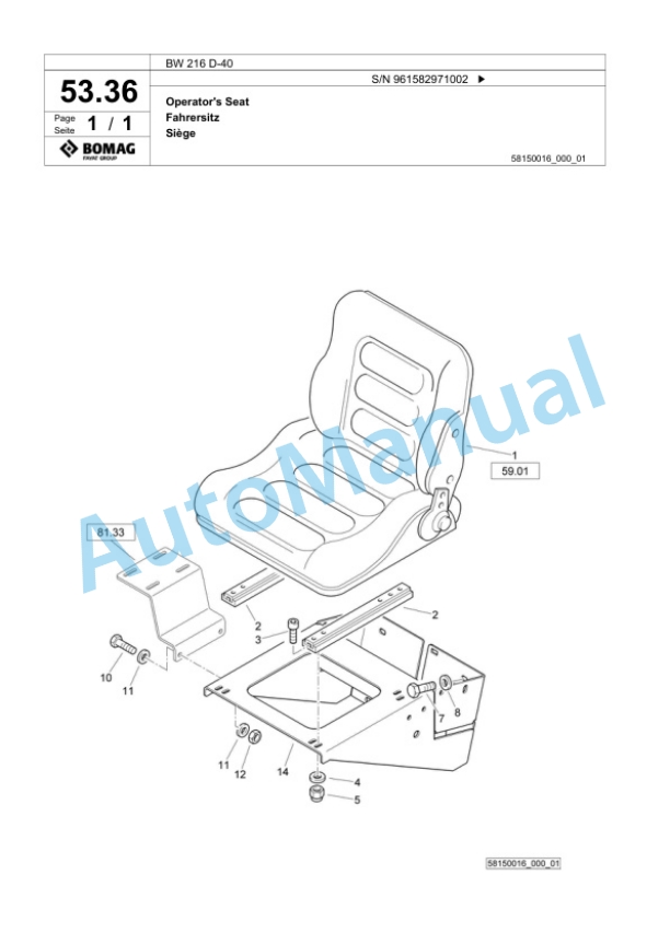 Bomag BW 216 D-40 Single Drum Wheel Drive Vibratory Roller Spare Parts Catalogue 00826185-2