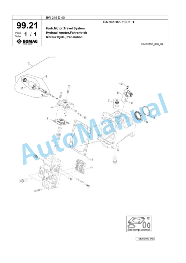 Bomag BW 216 D-40 Single Drum Wheel Drive Vibratory Roller Spare Parts Catalogue 00826185-3