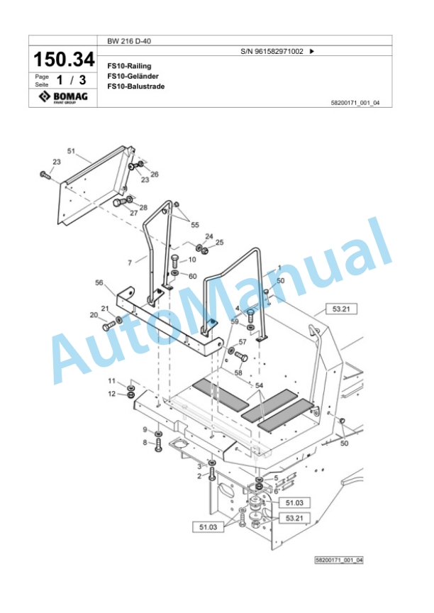 Bomag BW 216 D-40 Single Drum Wheel Drive Vibratory Roller Spare Parts Catalogue 00826185-4