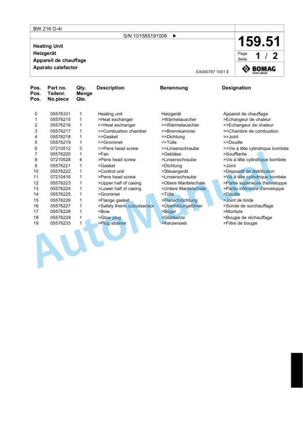 Bomag BW 216 D-4i Single Drum Wheel Drive Vibratory Roller Spare Parts Catalogue 00824463-5