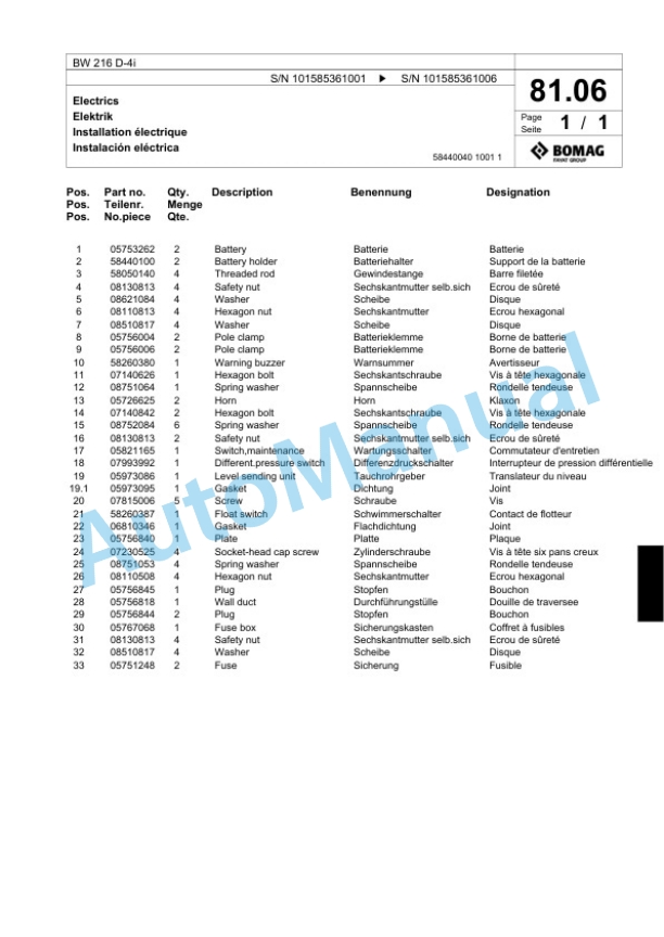 Bomag BW 216 D-4i Single Drum Wheel Drive Vibratory Roller Spare Parts Catalogue 00824693-2