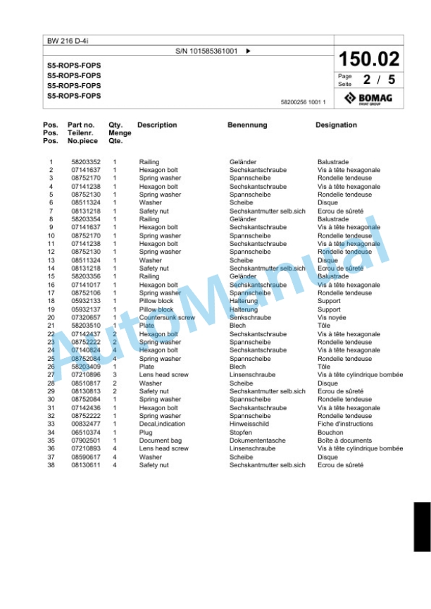 Bomag BW 216 D-4i Single Drum Wheel Drive Vibratory Roller Spare Parts Catalogue 00824693-3