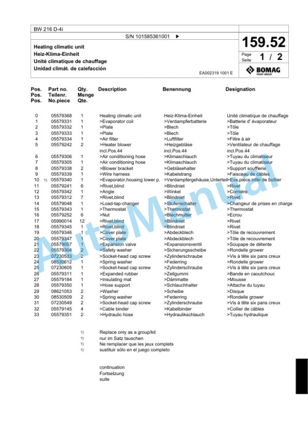 Bomag BW 216 D-4i Single Drum Wheel Drive Vibratory Roller Spare Parts Catalogue 00824693-5