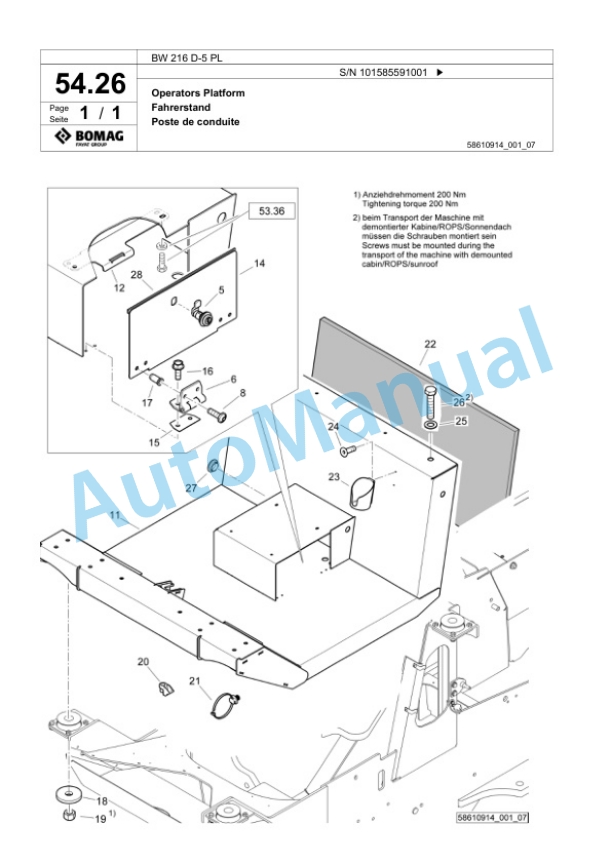 Bomag BW 216 D-5 PL Single Drum Wheel Drive Vibratory Roller Spare Parts Catalogue 00827281-2