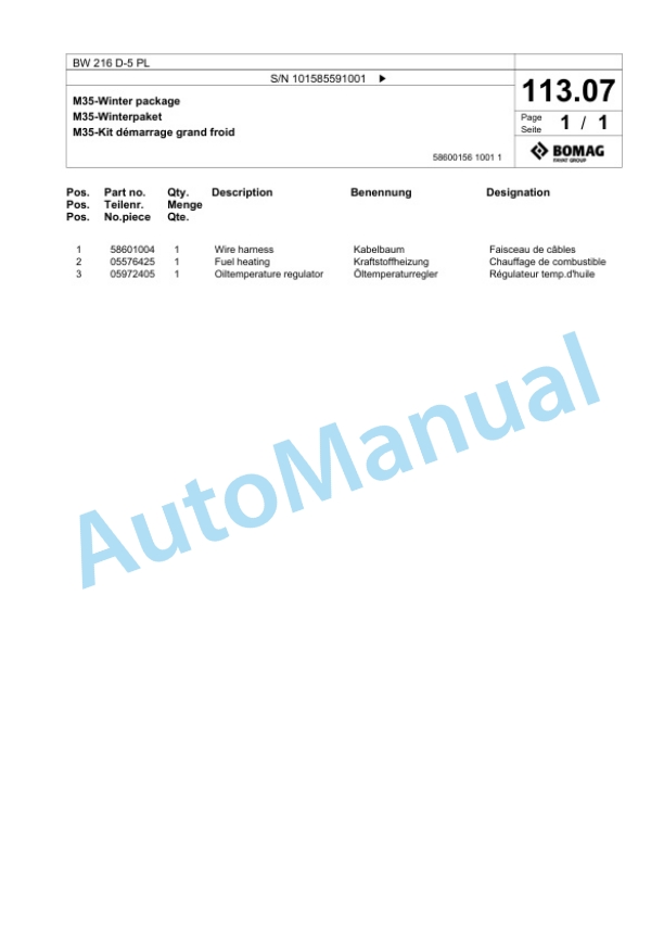 Bomag BW 216 D-5 PL Single Drum Wheel Drive Vibratory Roller Spare Parts Catalogue 00827281-3