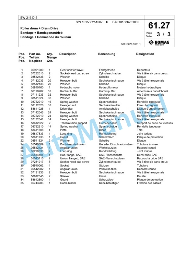 Bomag BW 216 D-5 Single Drum Wheel Drive Vibratory Roller Spare Parts Catalogue 00824579-2