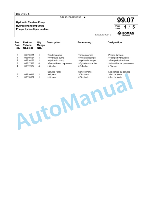 Bomag BW 216 D-5 Single Drum Wheel Drive Vibratory Roller Spare Parts Catalogue 00824579-3