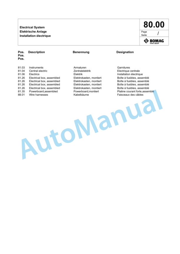 Bomag BW 216 D-5 Single Drum Wheel Drive Vibratory Roller Spare Parts Catalogue 00824869-2
