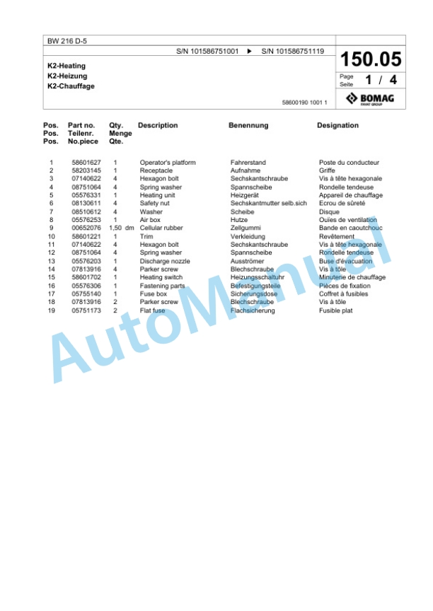 Bomag BW 216 D-5 Single Drum Wheel Drive Vibratory Roller Spare Parts Catalogue 00825277-3