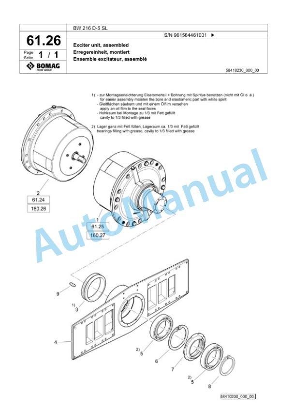Bomag BW 216 D-5 SL Single Drum Wheel Drive Vibratory Roller Spare Parts Catalogue 00826387-2