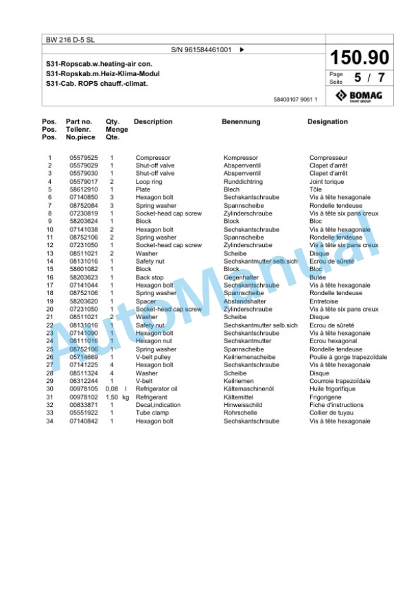 Bomag BW 216 D-5 SL Single Drum Wheel Drive Vibratory Roller Spare Parts Catalogue 00826387-4