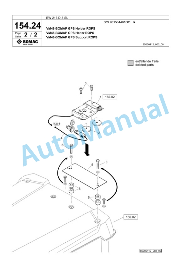 Bomag BW 216 D-5 SL Single Drum Wheel Drive Vibratory Roller Spare Parts Catalogue 00826387-5