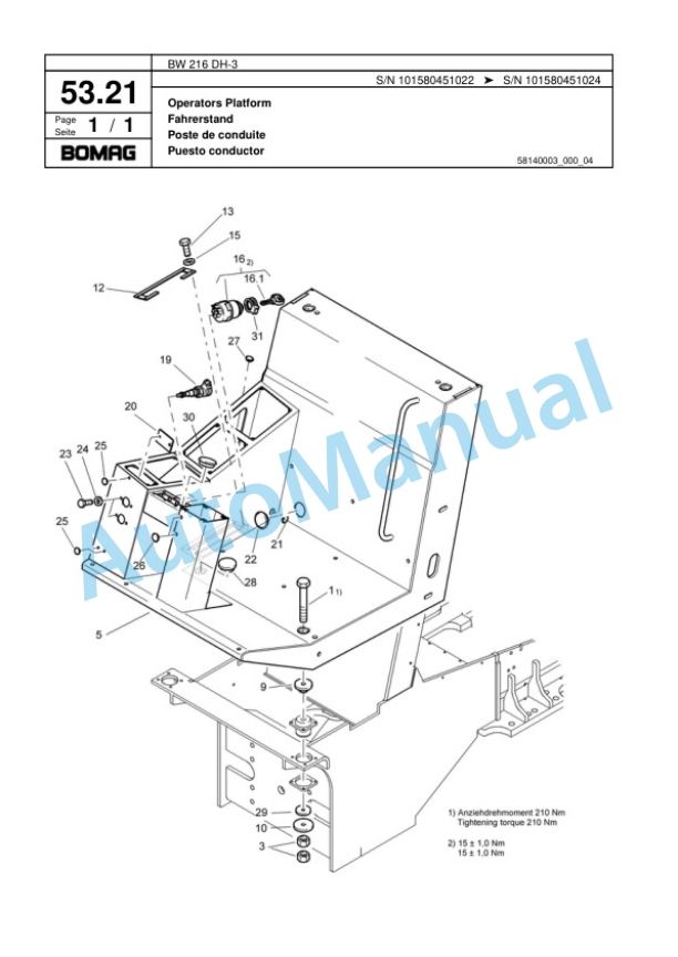 Bomag BW 216 DH-3 Single Drum Wheel Drive Vibratory Roller Spare Parts Catalogue 00817537-2