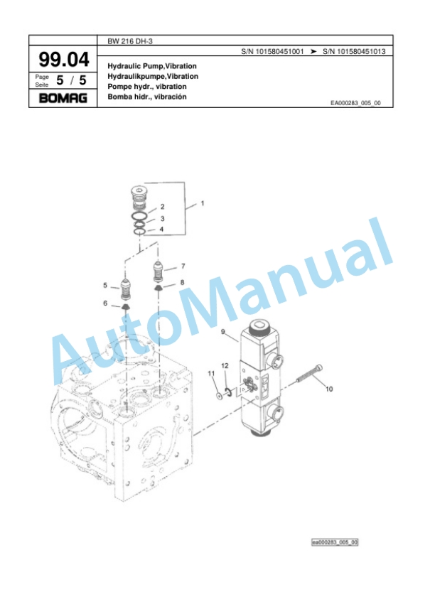 Bomag BW 216 DH-3 Single Drum Wheel Drive Vibratory Roller Spare Parts Catalogue 00817537-3